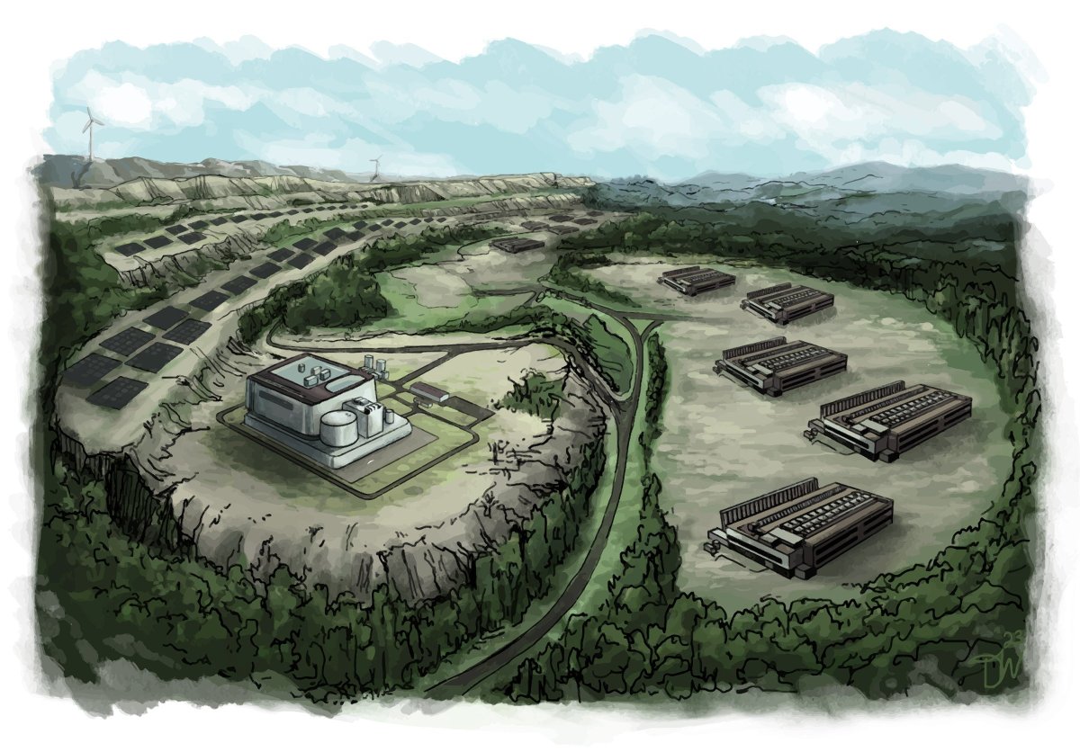 A drawing of a tiered landscape showing solar arrays, data centers, wind turbines and other infrastructure.