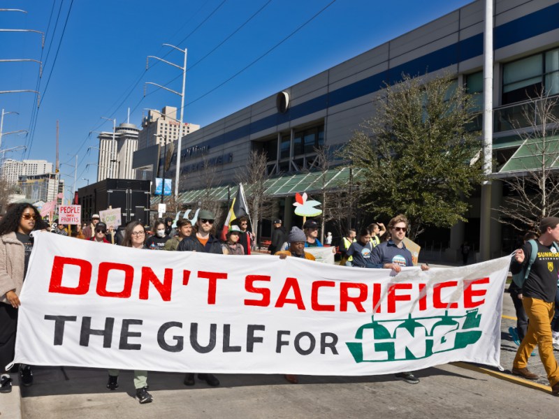 Protesters hold a banner reading "Don't sacrifice the Gulf for LNG" at a protest in New Orleans.