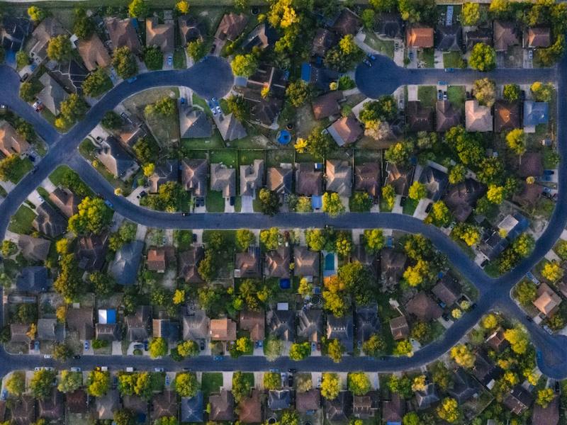 Bird's eye view of a suburban-style neighborhood.