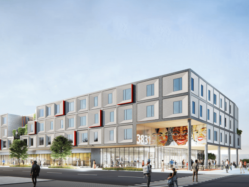 A computer rendering of a three story modern building with mural.